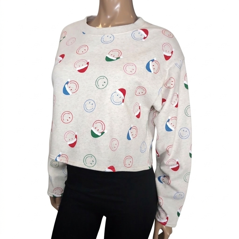 American Eagle AE Lounge Christmas Smiley Face Santa Cropped Sweatshirt Medium